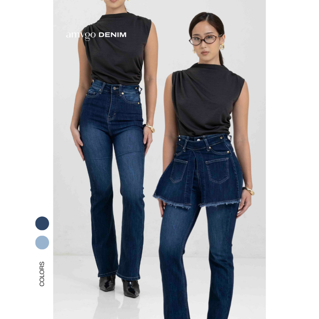 Amygo Store – Dual Contour Flare Jeans | Celana Jeans Flare Wanita | High Waist Denim Stretch
