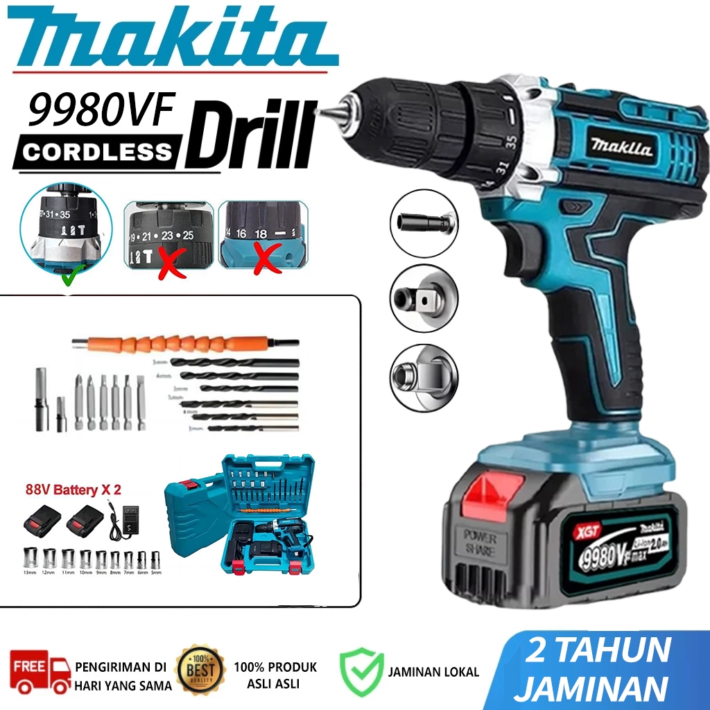 PROMO MAKlTA 12mm bor listrik murah 9980vf Mesin bor 2baterai cas bor tangan baterai besi tembok