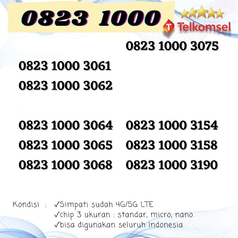 NOMOR CANTIK TELKOMSEL 4G / 5G seri TRIPLE 1000 - Kartu Perdana Nocan Murah