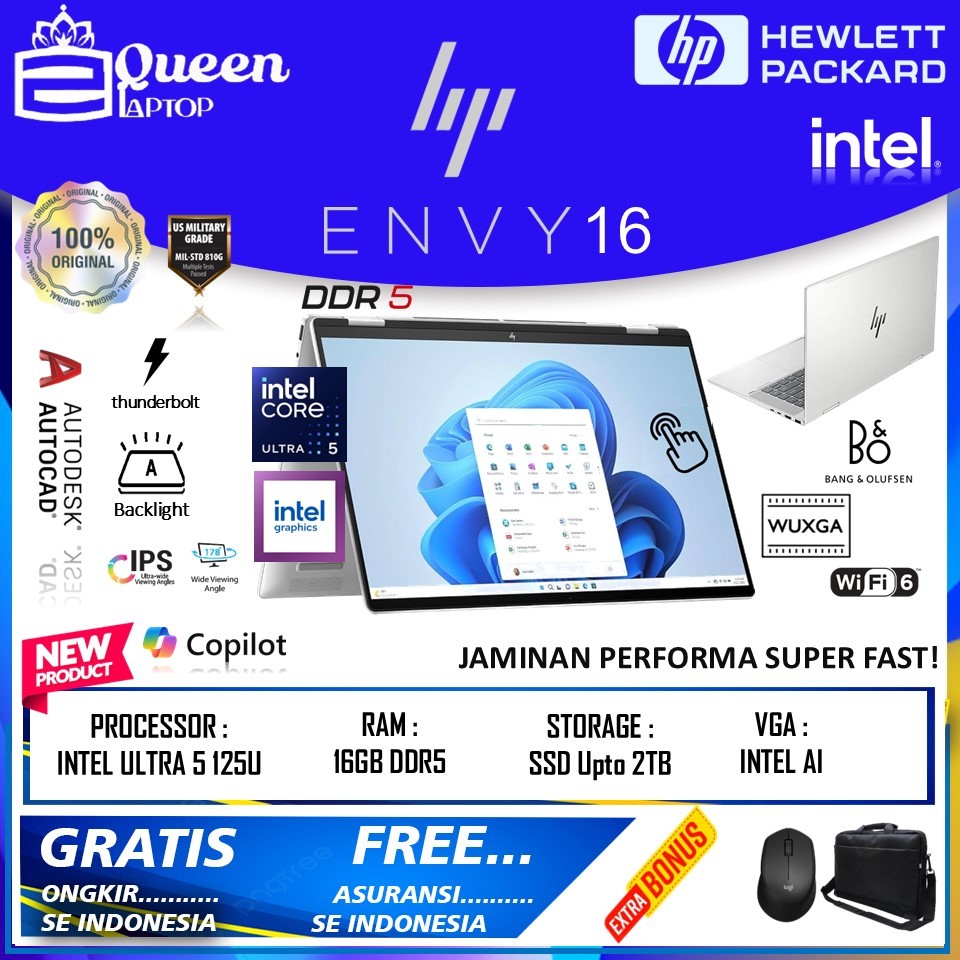 LAPTOP HP ENVY X360 16 INTEL ULTRA 5 125U DDR5 16GB 1TB SSD WUXGA IPS  TOUCHSCREEN WIN 11 HOME