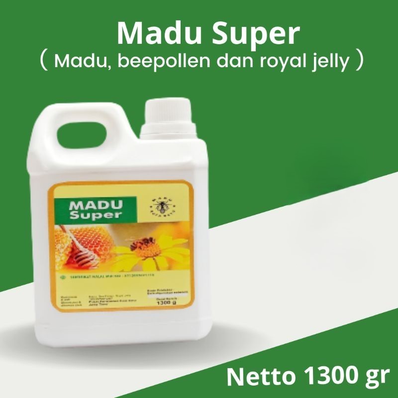 

Madu Super, Madu Asli Murni Plus Beepollen Plus Royal Jelly 3 in1 Kemasan Jerigen Netto 1300g