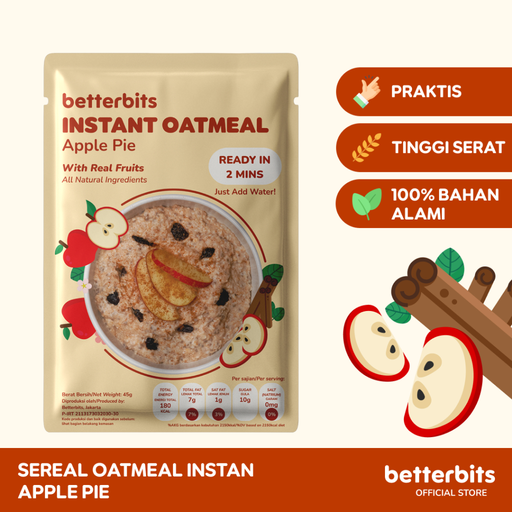 

Betterbits Oatmeal Instan - Apple Pie | Sarapan Sehat & Praktis | Whole Grain Sereal Sachet Rendah Kalori | 45g