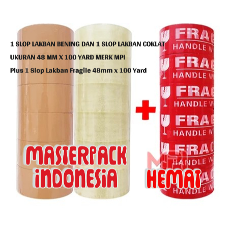 

PAKET HEMAT LAKBAN [3 SLOP] -1 SLOP LAKBAN BENING-1 SLOP LAKBAN COKLAT MPI 48MM X 100YARD+ 1 SLOP LAKBAN FRAGILE