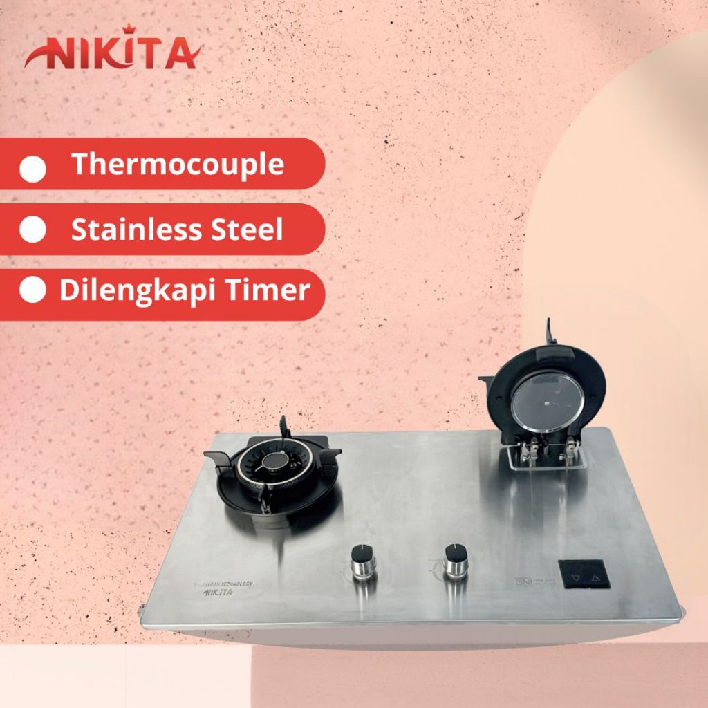 NIKITA Kompor Gas Tanam PREMIUM Stainless 2 Tungku | Kompor Timer | Kompor Gas