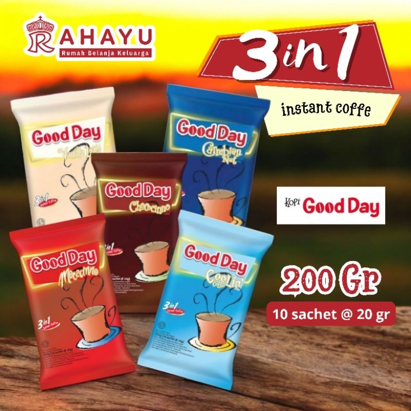 

Kopi Instan Good Day 200 Gram 3 in 1 (isi 10 sachet) Variant Original,Chococinno,Coolin,mocacinno,vanilla latte,dan carrebian nut