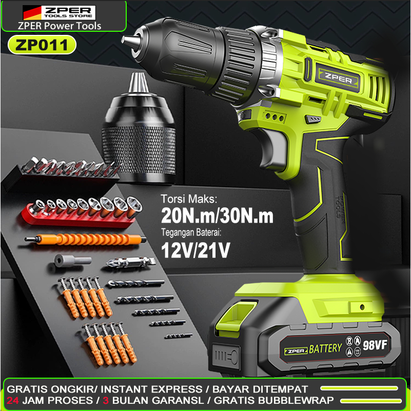 Opinkrandam - ZPER 12V/21V Mesin Bor Baterai Cordless Drill Brushless Bor Tangan Listrik Lithium