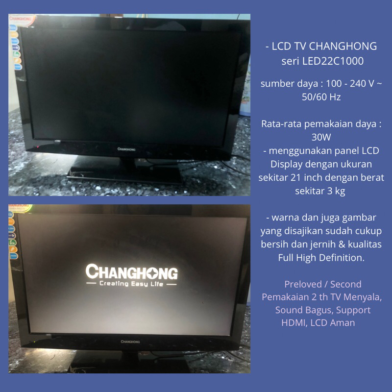 Preloved / Second CHANGHONG seri LED22C1000 TV Menyala, Sound Bagus, Support HDMI, LCD Aman