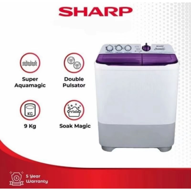 SHARP MESIN CUCI 2 TABUNG 9 KG PUREMAGIC SERIES ES-T95NT-LC/PK