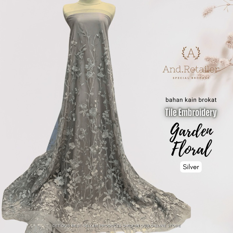 Bahan kain Brokat Mewah Tile Embroidery garden Floral Benang Metalic Warna Abu Muda/Silver