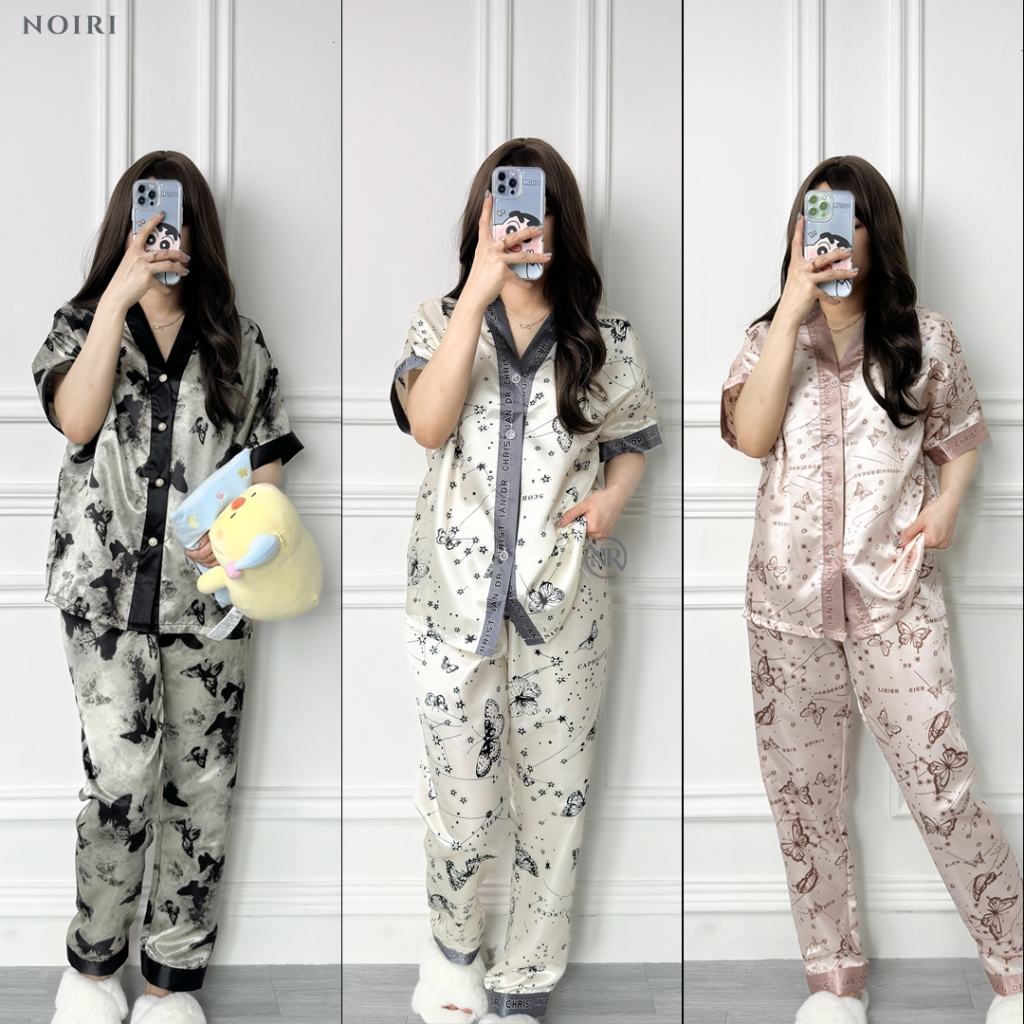 NOIRI - Piyama Wanita Set Satin Lengan Pendek Celana Panjang Bahan Satin Premium Baju Tidur Setelan 