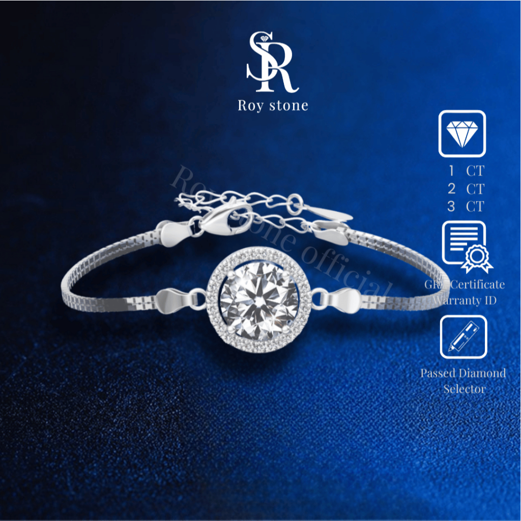 RoyStone - Gelang Simple Round Bracelet Perhiasan Moissanite Sertifikat GRA Original Lapis Emas 18K