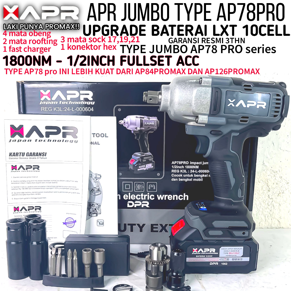 XAPR impact wrench jumbo APR AP78PRO 1800nm 1baterai  impek kuat mobil motor mesin truck