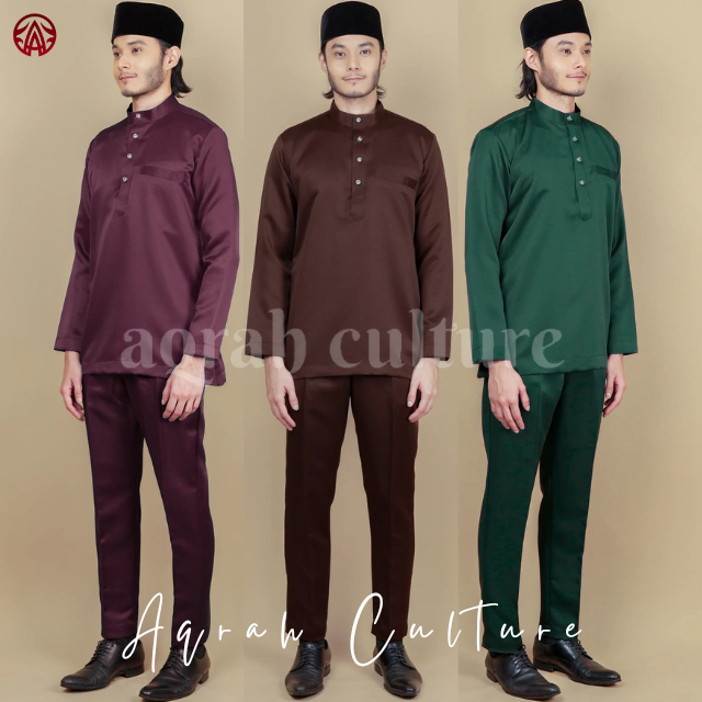 Azura Baju Melayu Pria Modern Bahan Satin Velvet Satu Set Pakaian Koko Muslim Kurta Cekak Musang Tel