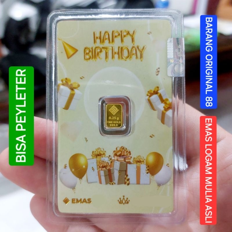 KADO ULANG TAHUN MICRO GOLD EMAS ANTAM HARTADINATA 0.25 GRAM UCAPAN HAPPY BIRTHDAY GAMBAR BALON COKL