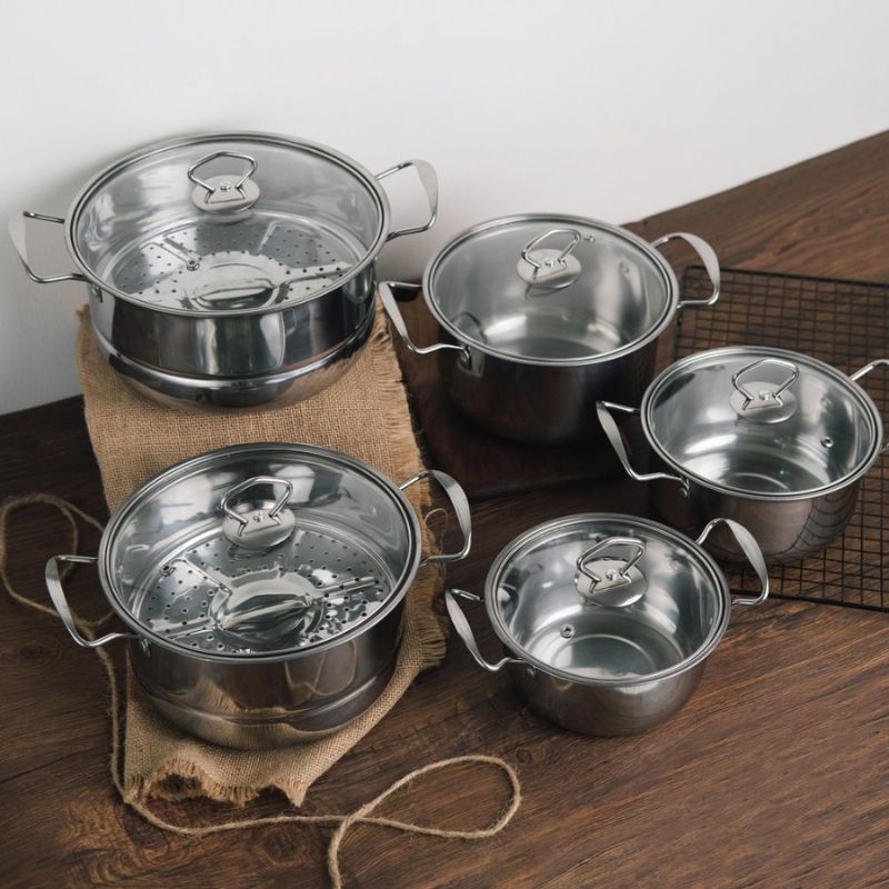 Panci Set High Pot Steamer 12pcs BMW/ Panci Set Isi 5 Tutup Kaca+Steamer