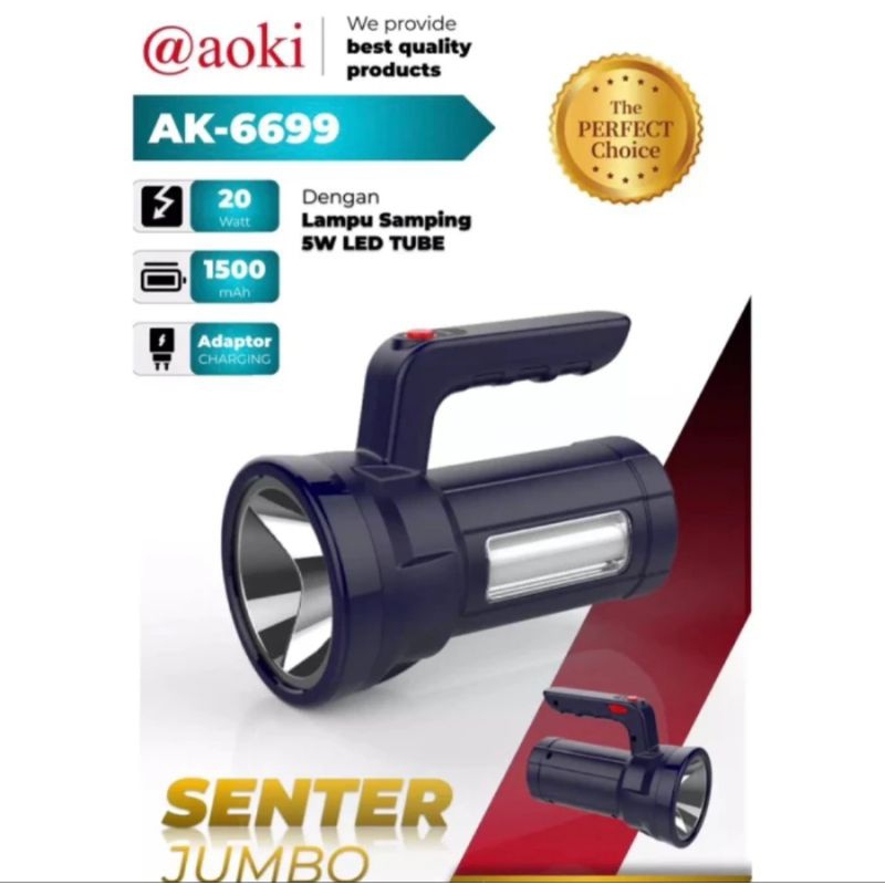 Senter Tangan Gagang LED Jumbo 20W + 10W Cahaya Putih Batere 1500 mAh AOKI AK 6699