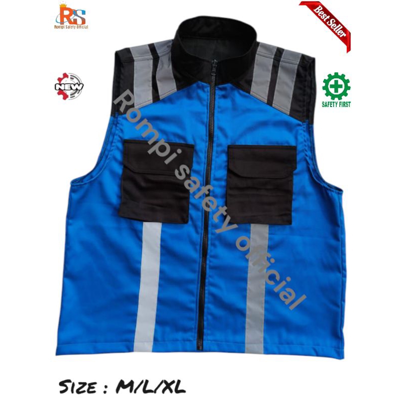 CUSTOM ROMPI SAFETY / SAFETY VEST MODEL KERAH / ROMPI PROYEK / ROMPI KOMBINASI BIRU HITAM / ROMPI