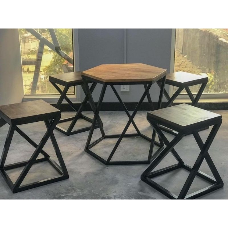 MEJA KURSI SET INDUSTRIAL KAYU JATI, BESI TEBAL, GALVANIS