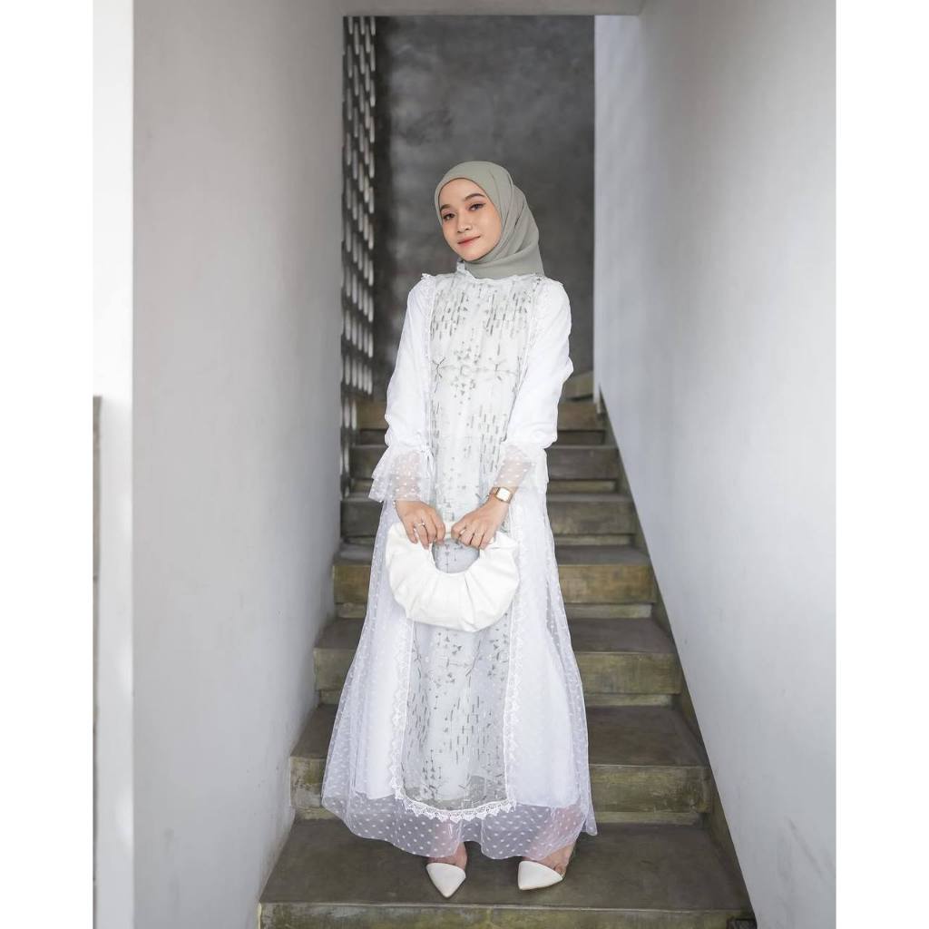 Anesya dress gamis model terbaru 2025 elegan casual/gamis putih tiledot aplikasi brukat mewah/kondan