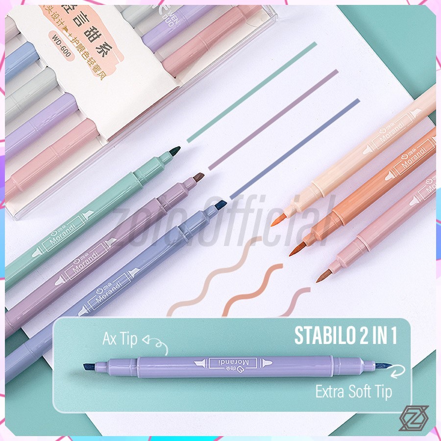 

[zolo] Spidol Highlighter 2 in 1 / Stabilo Pastel 2 Sisi 1 Set 6 Warna
