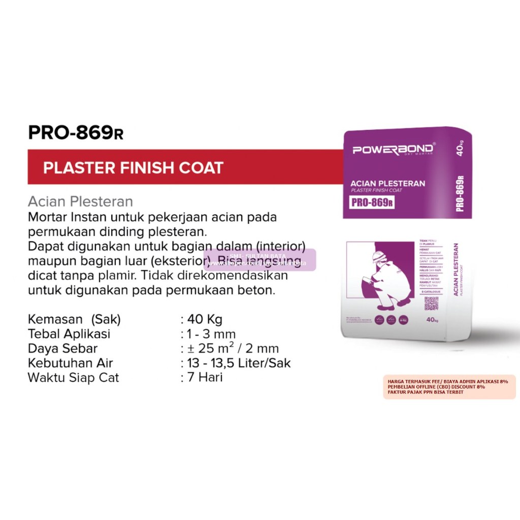 SEMEN ACIAN PREMIUM (PLASTER FINISH COAT) MORTAR POWERBOND PRO-869 R MEREK POWERBOND DRY MORTAR @ 40