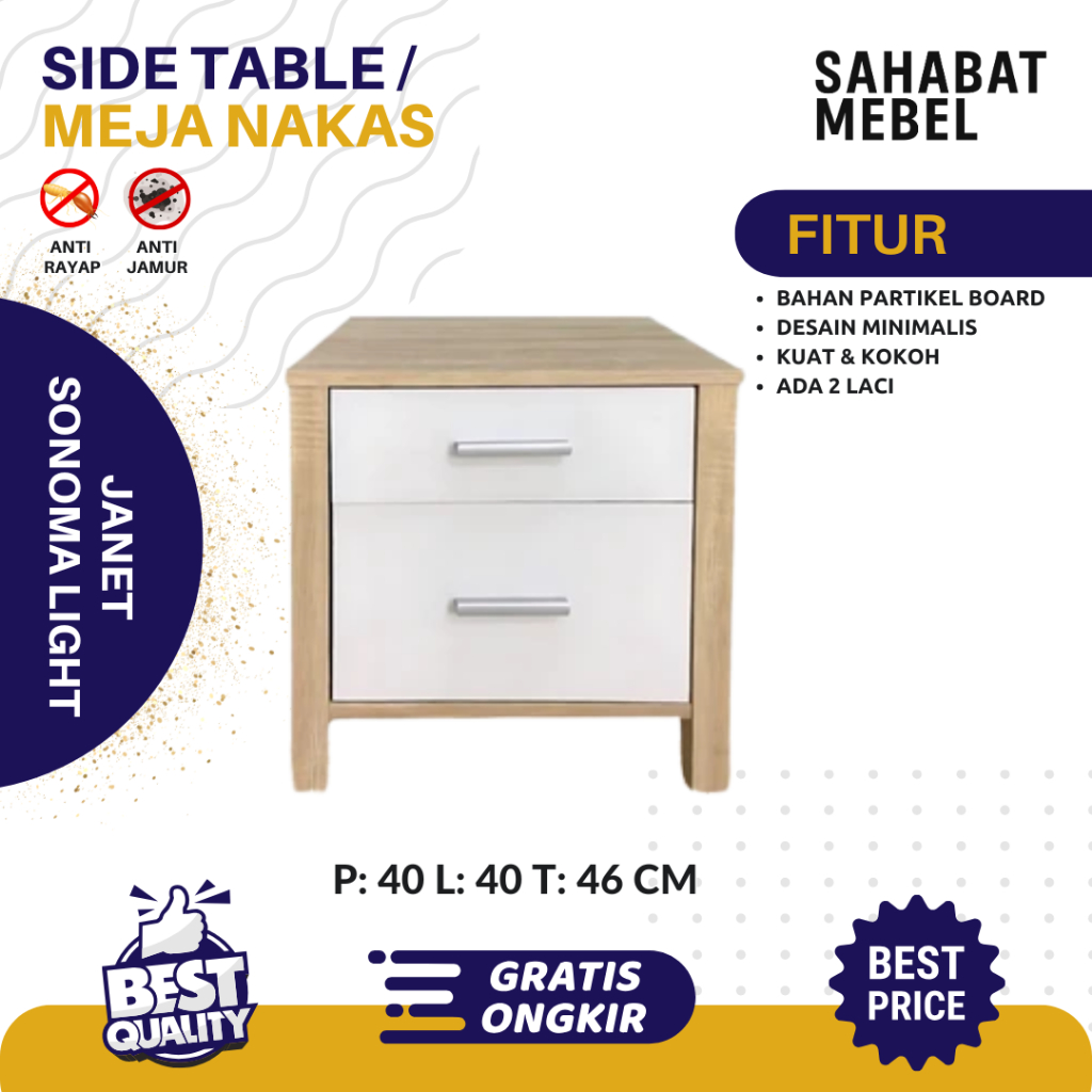 Nakas Janet Partikel Board / Nakas Minimalis / Lemari Kayu / Rak Kecil / Laci Minimalis / Bedside