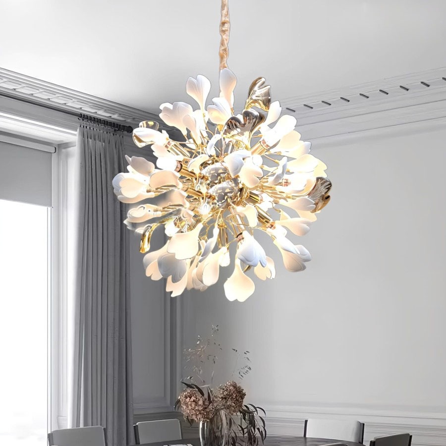Lampu hias susun gantung kembang bunga daun warna putih gold keramik Modern chandelier elegan minima
