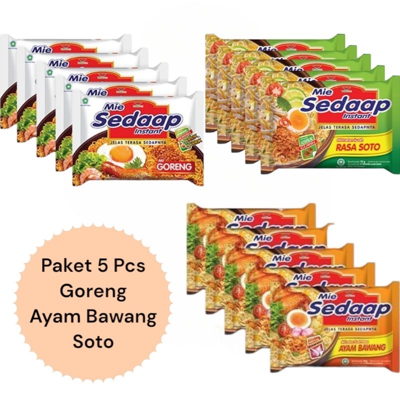 

Paket 5Pcs Mie Instan Sedaap Goreng-Soto-Ayam Bawang Grosir Murah