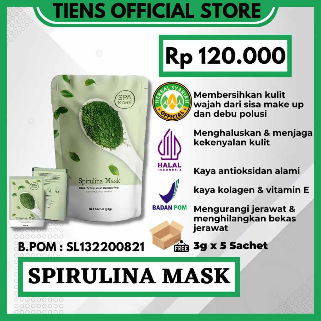 Masker Tiens Spakare Spirulina Mask 5 Sachet untuk 15 kali Penggunaan Menghilangakan Komedo Flek