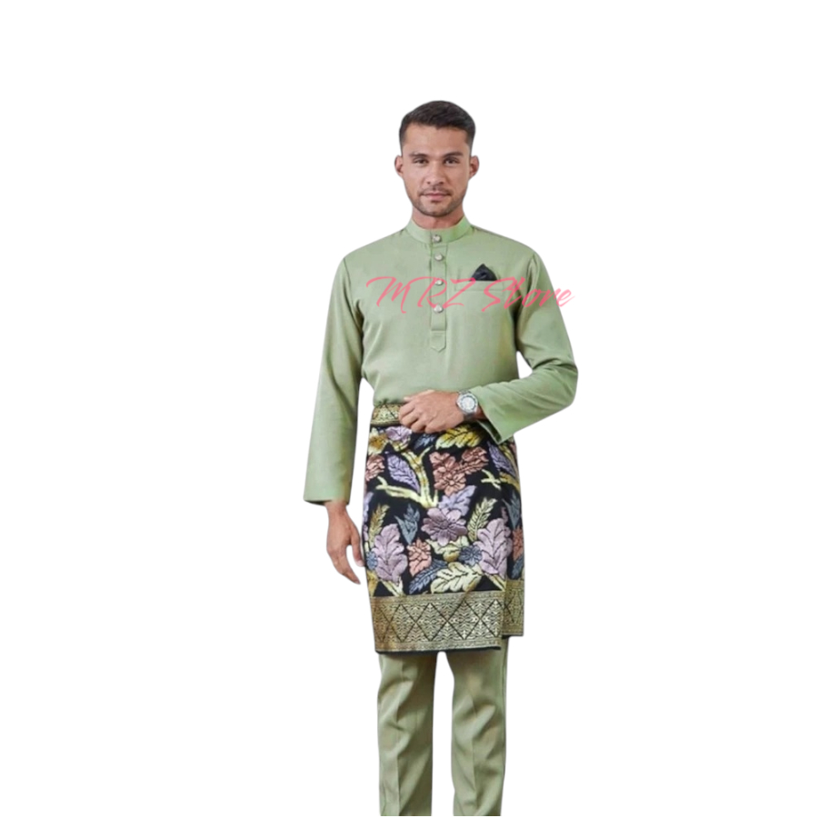 Satu Set Baju Celana sudah dengan kain songket/rumpak Teluk Belanga Cekak Musang Pria Melayu Kurung 