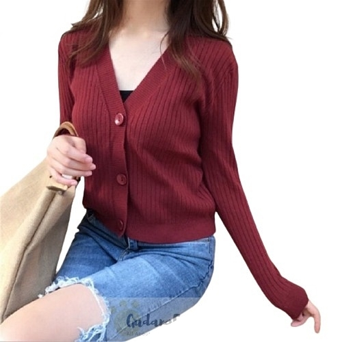GF88 - Cardigan Rajut Ribb Outer Crop Top Baju Lengan Panjang Kancing Button Motif Plain Polos Korea