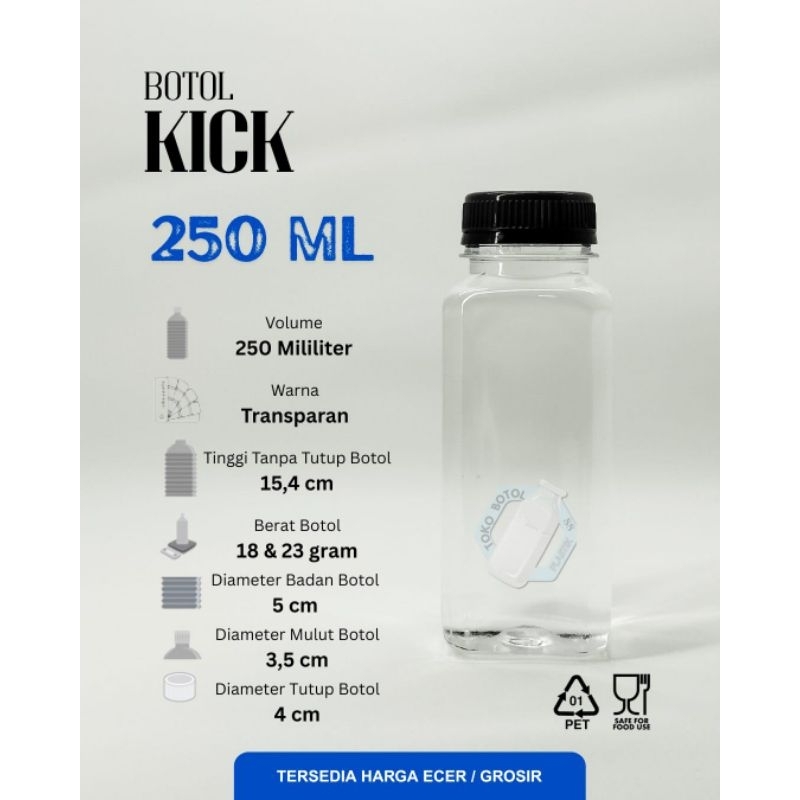 Botol Kick 250ml / Botol Kotak 250ml / Botok Plastik 250ml / Botol Yogurt / Botol Kopi Kotak 250 ml