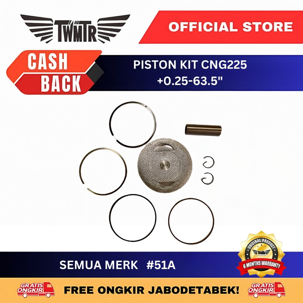 TWMTR 51.A - PISTON KIT CNG225 +0.25-63.5"/PISTON BAJAJ CNG225 OS 0.25 SEHER SET - SPAREPART MOTOR R