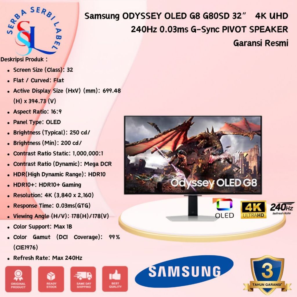 Samsung Odyssey OLED G8 32" G80SD OLED 240Hz 4K UHD Speaker HAS Pivot