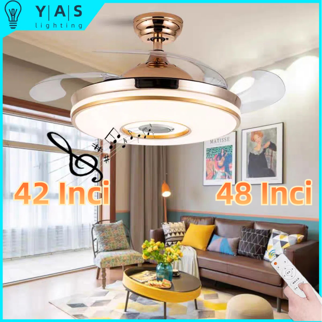 Lampu Kipas Plafon Ruang Tamu Lampu Kipas Audio Biru Kreatif Lampu Gantung Kipas Multifungsi