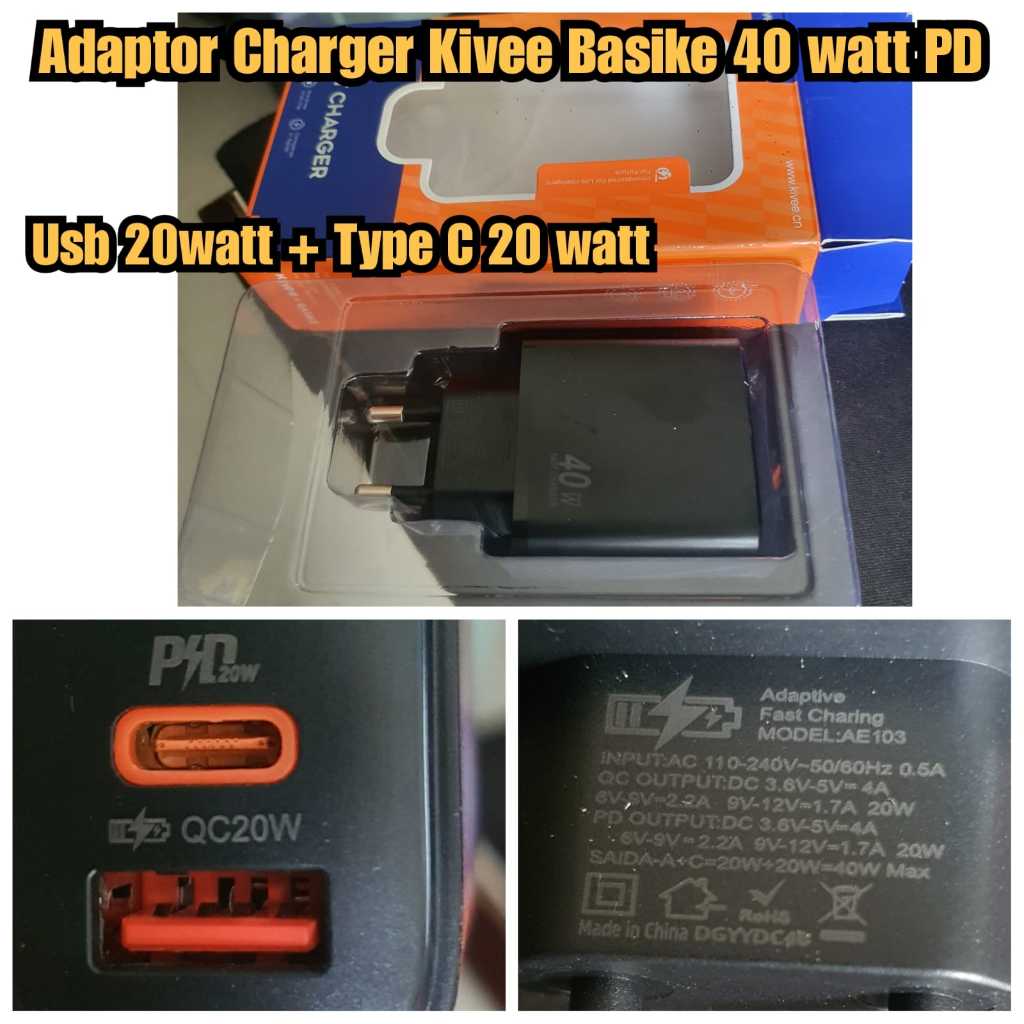 Kepala cas dual port 20watt + type c 20 watt Kepala charger 40 w kivee basike Adaptor 40 watt kivee 