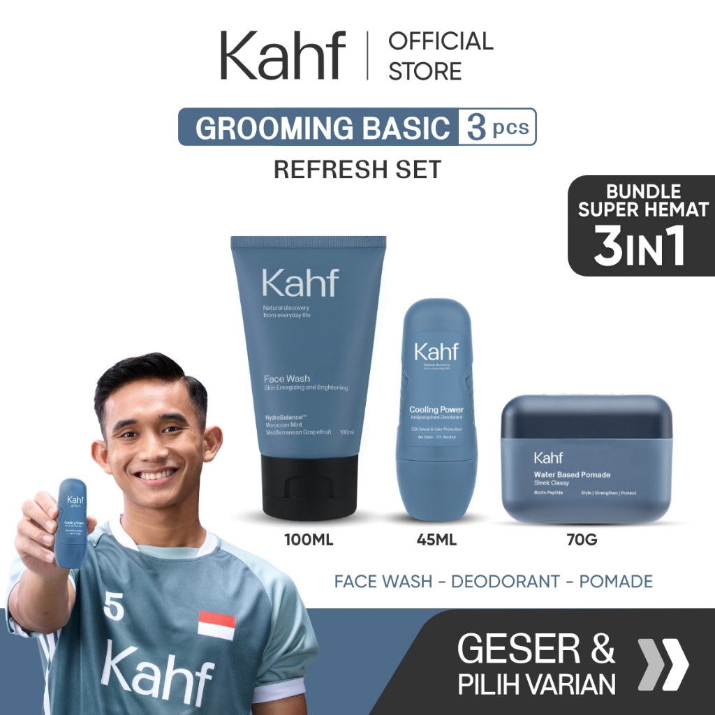 Kahf Paket Grooming Basic Isi 3 (Pomade/Hair Powder + Face Wash + Deodorant) - Approved by Barber an