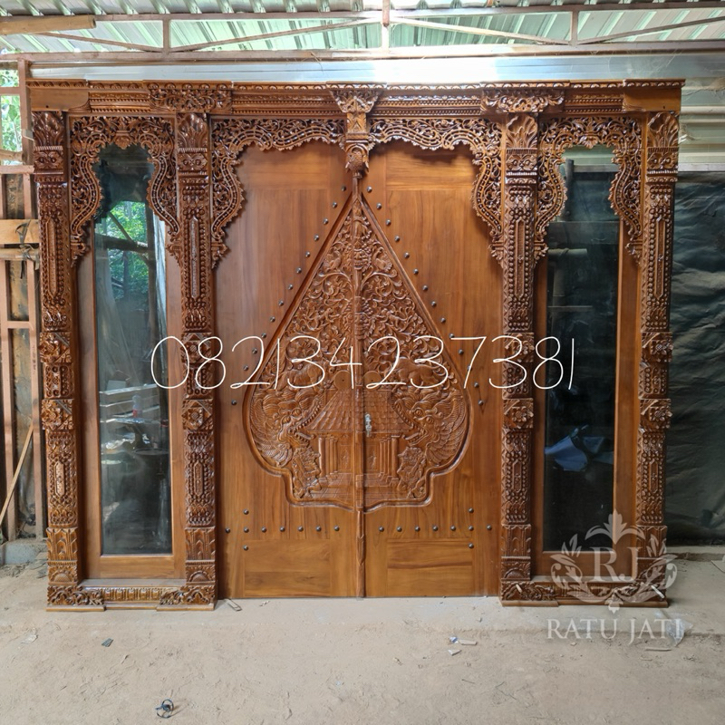 Pintu gebyok ukir klasik minimalis bahan jati premium
