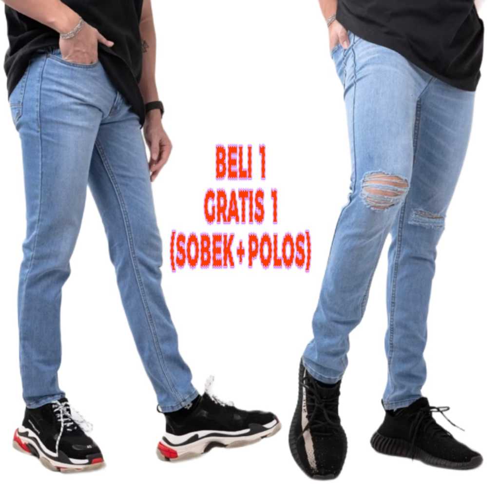 PROMO 2PCS CELANA JEANS PRIA SOBEK DAN POLOS / Celana Jeans Pria Sobek Slimfit / Celana Sobek Pria K