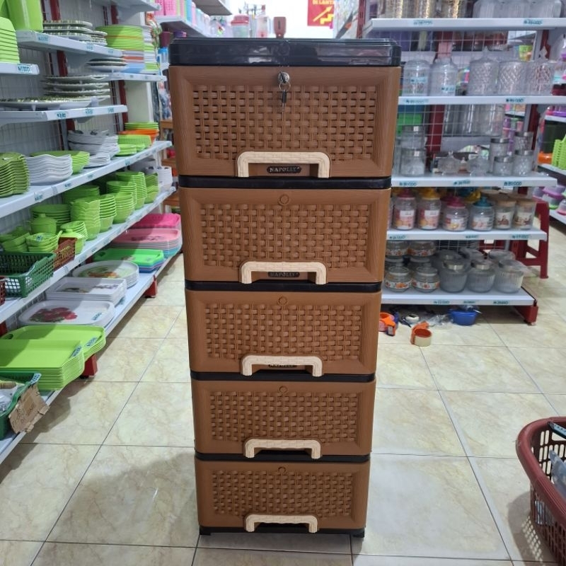 Container/Lemari pakaian plastik napolly motif rotan susun 5