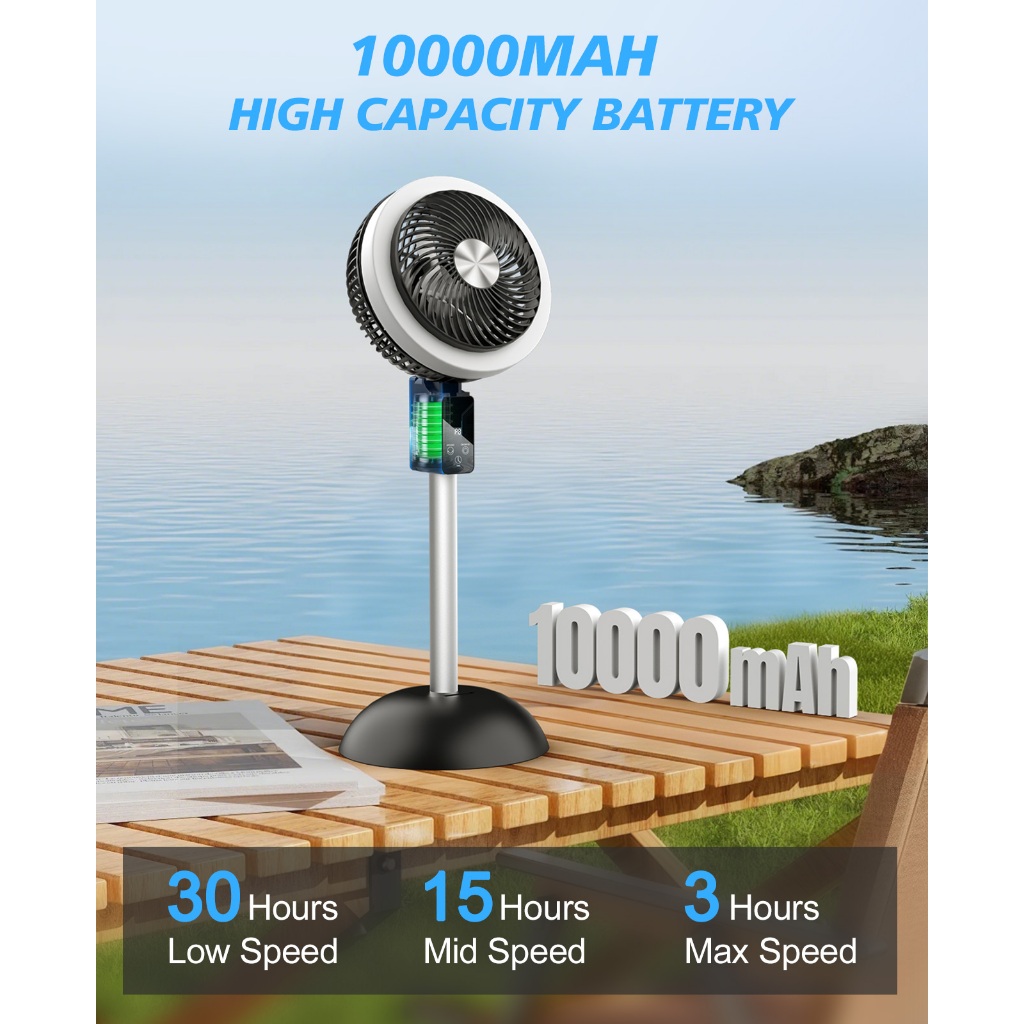 8 Mode Kipas Angin Besar Stand Fan 10000Mah Baterai Portable 10Inch Cordless Kipas Angin Berdiri