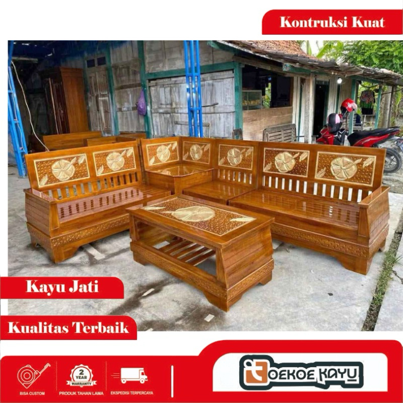 kursi ruang tamu sudut , kursi sudut tamu jati, kursi tamu sudut, kursi sudut piramid kayu jati asli