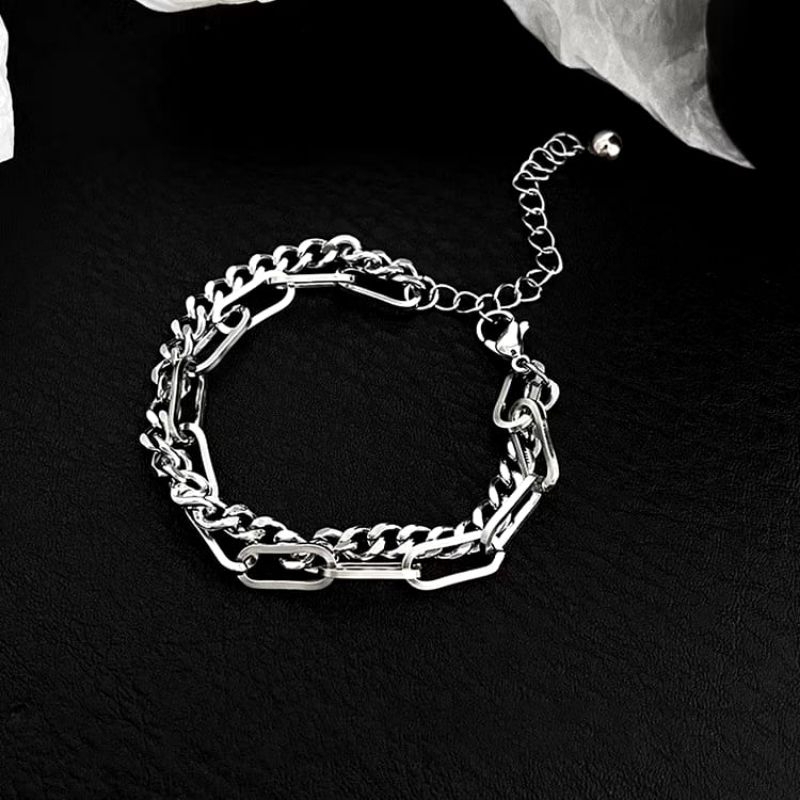 Gelang Rantai Pria Gelang Pria Wanita Rantai Dua Lapis perak gaya retro