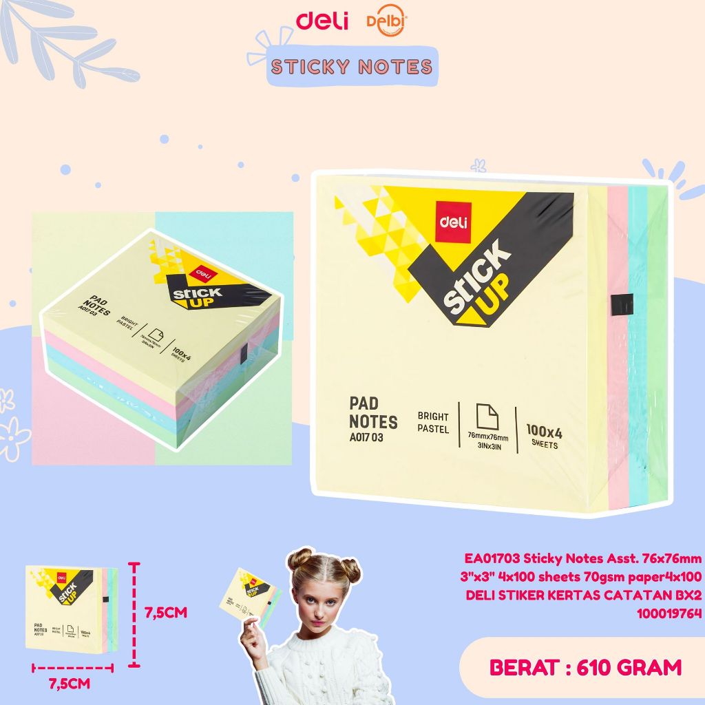 

EA01703 Sticky Notes Asst. 76x76mm 3''x3'' 4x100 sheets 70gsm paper4x100 DELI STIKER KERTAS CATATAN