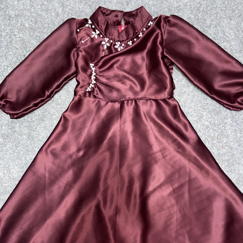 READY STOCK SYIFA DRESS ANAK 1-12 THN - GAMIS SATIN PAYET BURGUNDY MAHOGANY EMERALD BLUE - BAJU ANAK