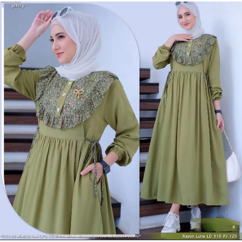 MIDI dress Taliya bahan rayon twill kombinasi motif bunga, MIDI dress terbaru model kekinian busui