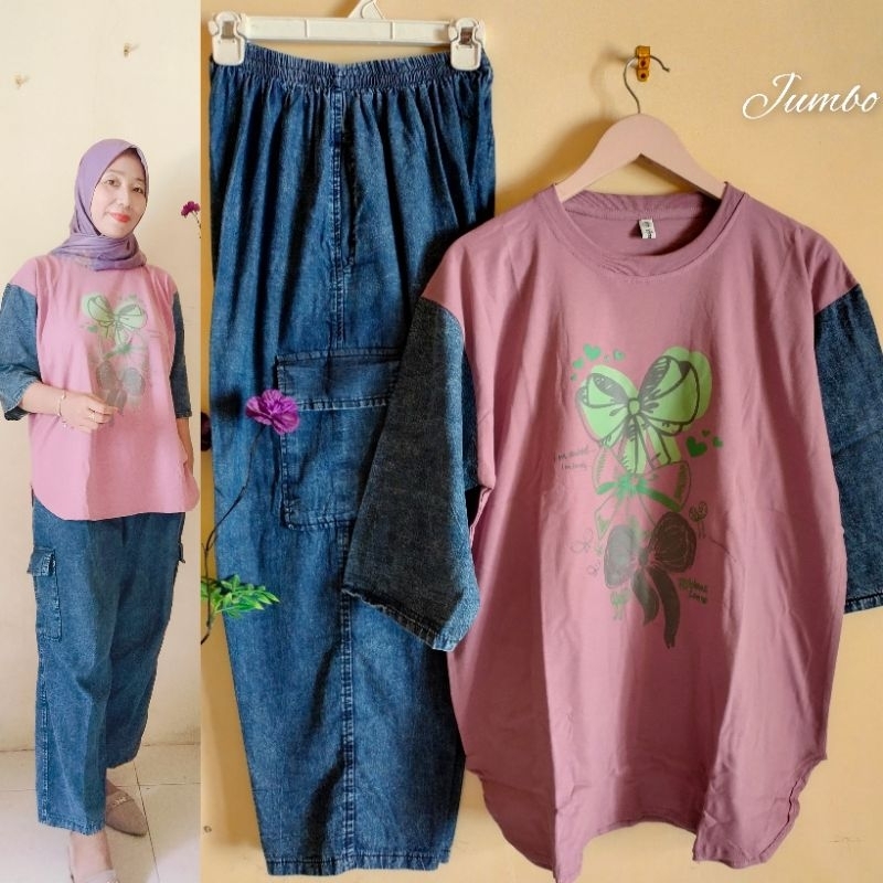 Setelan wanita panjang/one set jumbo XXL combad mix jeans wanita