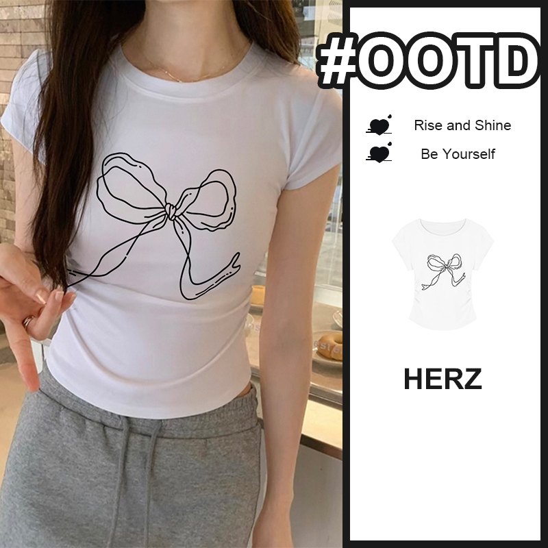 putih Kaos ketat berpinggang tinggi untuk wanita leher bulat dasi kupu-kupu/Lengan pendek kurus kasu