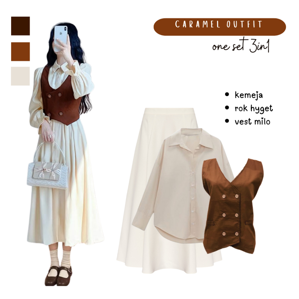 One Set Outfit Yearbook (Kemeja, Vest Milo, Rok Coklat) Setelan OOTD Vintage - FC10