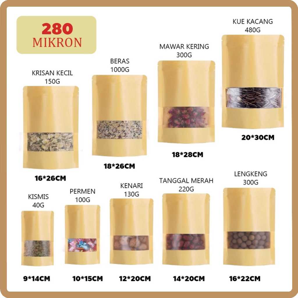 100PCS STANDING POUCH KRAFT WINDOW Plastik Klip Makanan Kemasan Snack Ziplock Food Grade Zipper Bag 